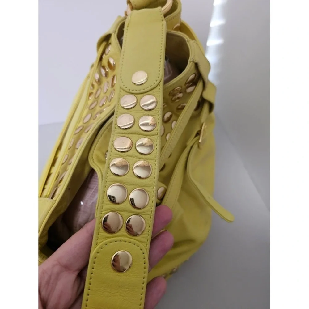 Rebecca Minkoff Devote Tote Leather Hobo Bag Yellow Studded Moto Edgy Y2K Boho ~